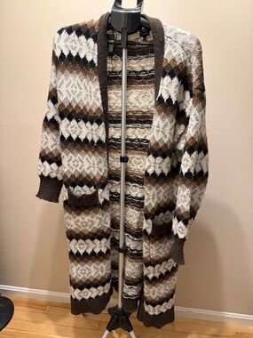 bobeau Brown Cream Black Patterned Long Cardigan Sweater